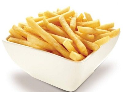 Golden French fries in a white bowl.